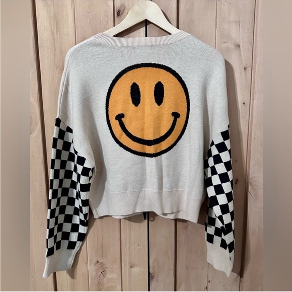 Originality Other - Smiley Face Knit Sweater with Checkered Sleeves